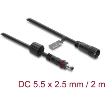 Cabo de extensão DC Delock 5,5 x 2,5 mm ficha macho para ficha fêmea com bloqueio de rosca M12 x 1,75 mm à prova de água 18 AWG, 2 m preto