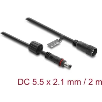 Cabo de extensão DC Delock 5,5 x 2,1 mm ficha macho para ficha fêmea com bloqueio de rosca M12 x 1,75 mm à prova de água 18 AWG, 2 m preto (67384)