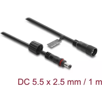 Delock cabo de extensão DC 5,5 x 2,5 mm macho para fêmea com fecho de rosca rosca M12 x 1,75 mm estanque 18 AWG, 1 m preto (67386)