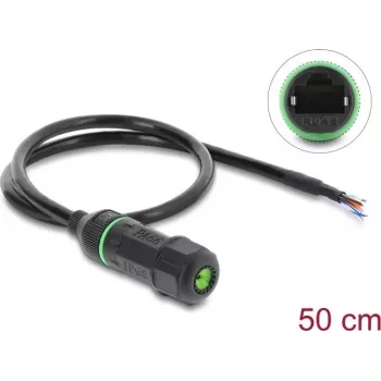 Cabo de montagem em painel Delock conector fêmea RJ45 para extremidades abertas Cat.6 com rosca M16,8 x 1,5 mm e caixa 50 cm preto (87181)