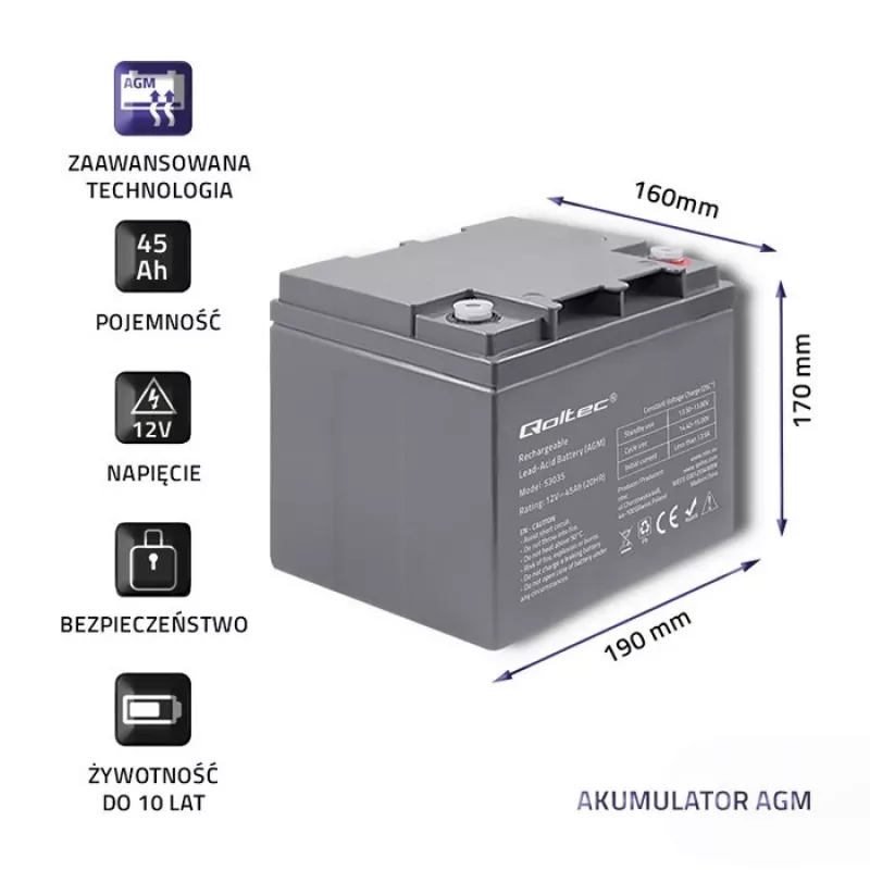 Qoltec 53035 Bateria AGM 12V 45Ah 540A