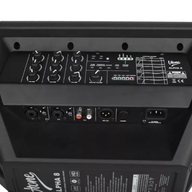 V-TONE ALPHA 8 Sistema PA ativo de coluna com bateria integrada e misturadora incorporada, 300W RMS, woofer de 8 polegadas, Bluetooth, USB/SD, Hall