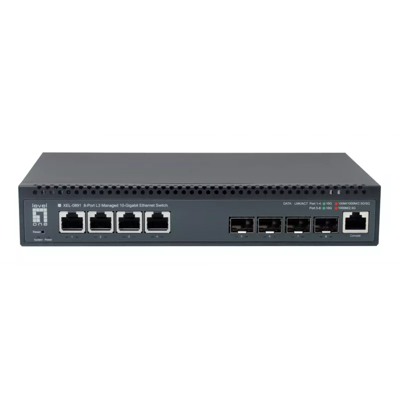 LevelOne Switch gerido L3 10 Gigabit 8 portas, 4 x 1G/2.5G/5G/10G RJ45, 4 x 1G/2.5G/5G/10G SFP+ Uplinks