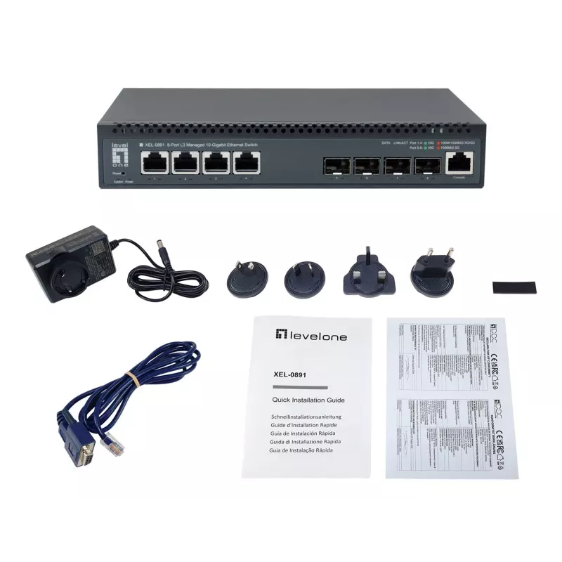 LevelOne Switch gerido L3 10 Gigabit 8 portas, 4 x 1G/2.5G/5G/10G RJ45, 4 x 1G/2.5G/5G/10G SFP+ Uplinks