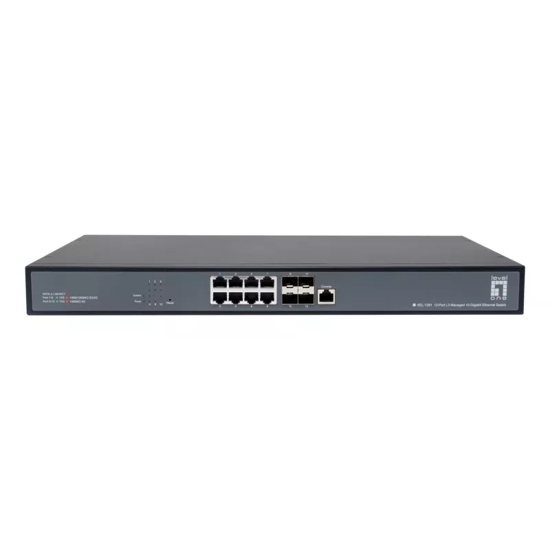LevelOne Switch gerido L3 10 Gigabit 12 portas, 8 x 1G/2.5G/5G/10G RJ45, 4 x 1G/2.5G/5G/10G SFP+ Uplinks, 240Gbps Non-Blocking Fabric, Rackmount 19 polegadas