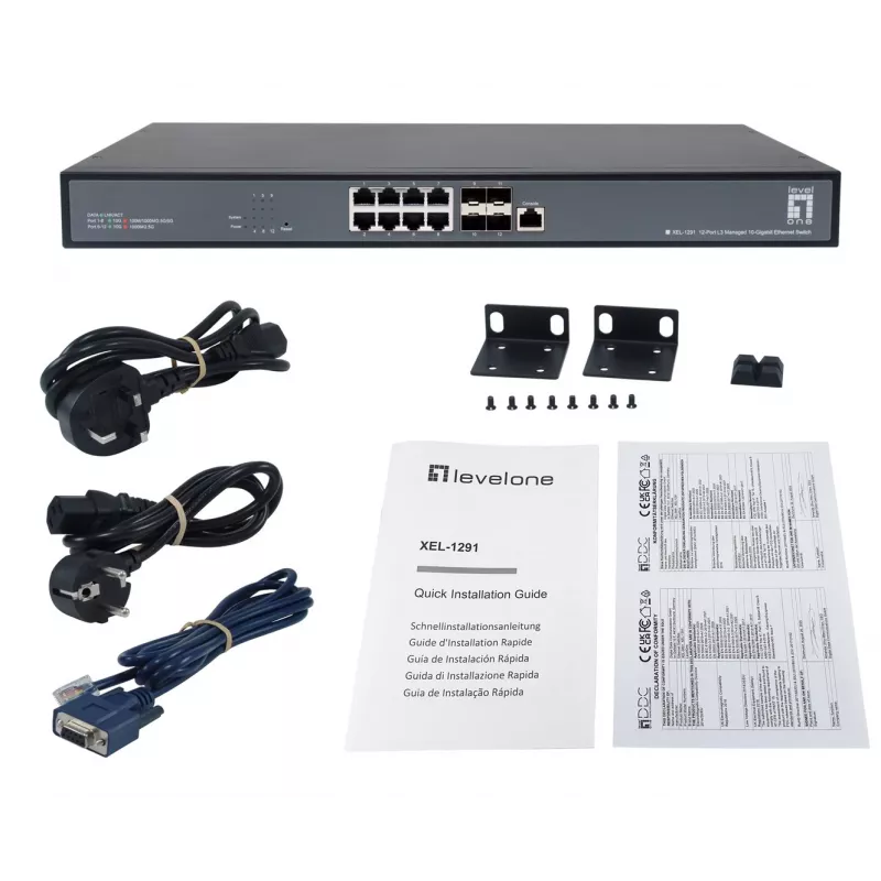 LevelOne Switch gerido L3 10 Gigabit 12 portas, 8 x 1G/2.5G/5G/10G RJ45, 4 x 1G/2.5G/5G/10G SFP+ Uplinks, 240Gbps Non-Blocking Fabric, Rackmount 19 polegadas