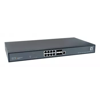 LevelOne Switch gerido L3 10 Gigabit 12 portas, 8 x 1G/2.5G/5G/10G RJ45, 4 x 1G/2.5G/5G/10G SFP+ Uplinks, 240Gbps Non-Blocking Fabric, Rackmount 19 polegadas