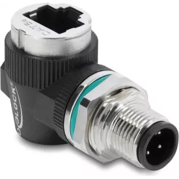 Delock Adaptador M12 codificação D 4 pinos Macho para conector fêmea RJ45 Caixa de montagem redonda 90° angular (90664)