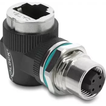 Delock Adaptador M12 codificação D 4 pinos Fêmea para conector fêmea RJ45 Montagem em painel 90° angular