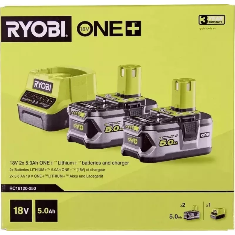 RYOBI RC18120-250 Conjunto de 2 baterias Lithium+ 18V 5,0Ah com carregador compacto