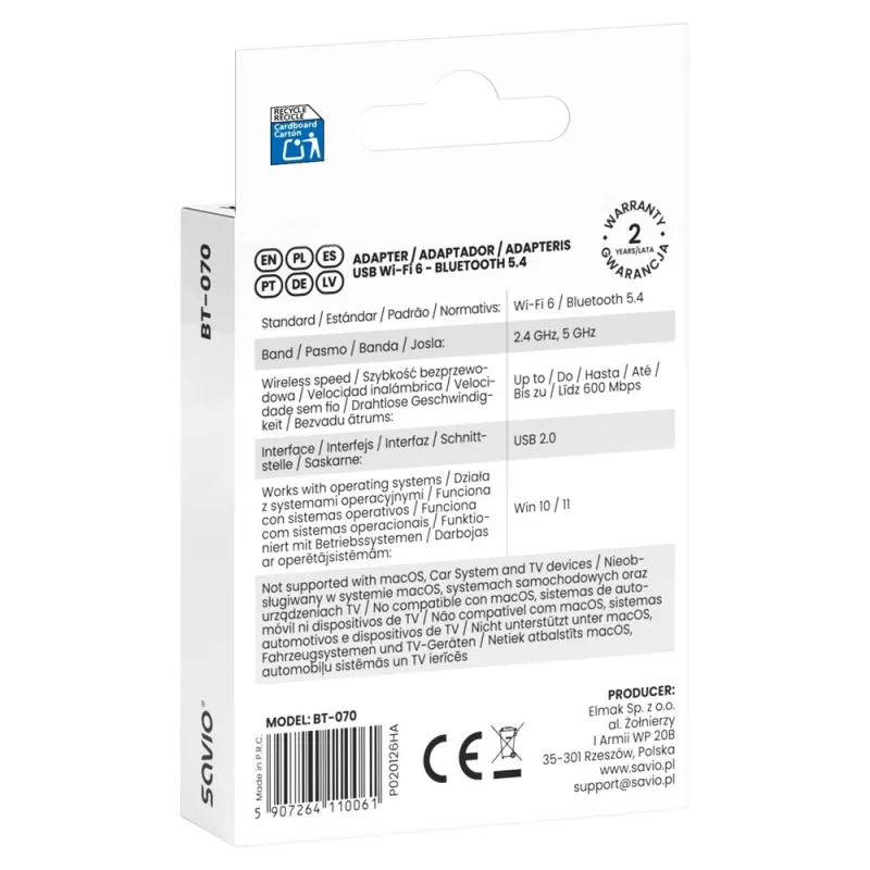 Savio BT-070 adaptador USB Wi-Fi 6 e Bluetooth 5.4