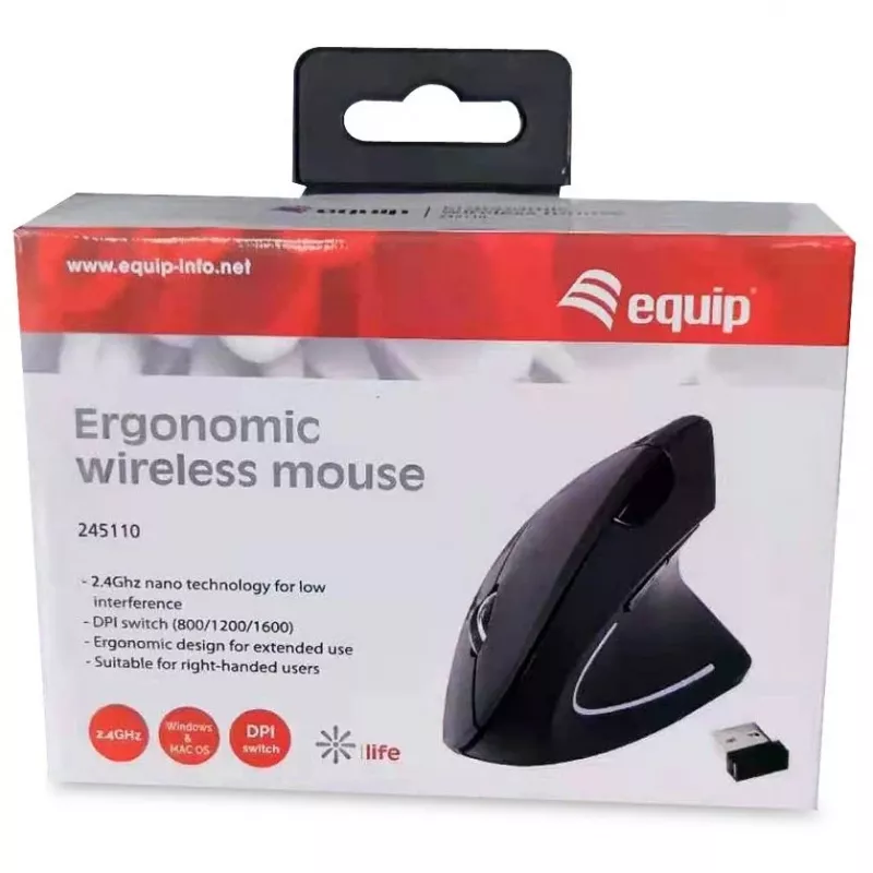 Equip 245110 Rato sem fios ergonómico vertical - destro - 2,4 GHz - recetor USB - Preto