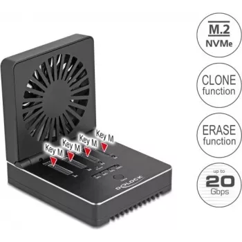Delock Docking Station USB 20 Gbps M.2 para 4 x M.2 NVMe PCIe SSD com função de clonagem e apagamento