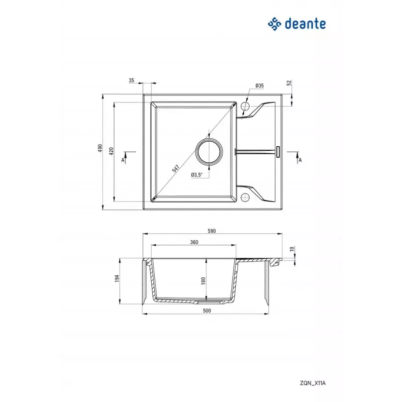 DEANTE Lava-loiça de granito 1 cuba com escorredor Graphite Metallic Andante
