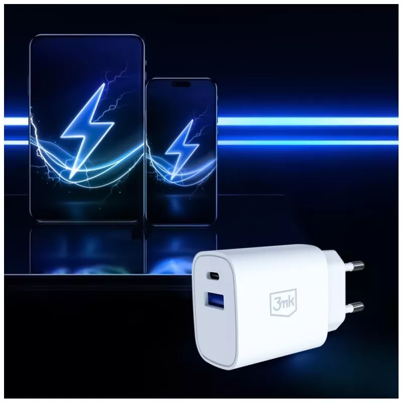 Carregador de parede 3MK FlowPower 30W USB-A USB-C PD 3.0 QC 4+ branco