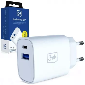 Carregador de parede 3MK FlowPower 30W USB-A USB-C PD 3.0 QC 4+ branco
