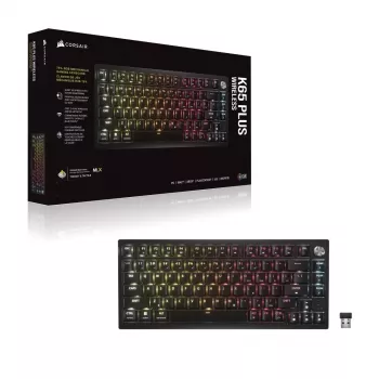 Teclado mecânico CORSAIR K65 PLUS Wireless 75% Hot-Swappable, interruptores MLX Red Tactile, RGB por tecla, QWERTY inglês, preto
