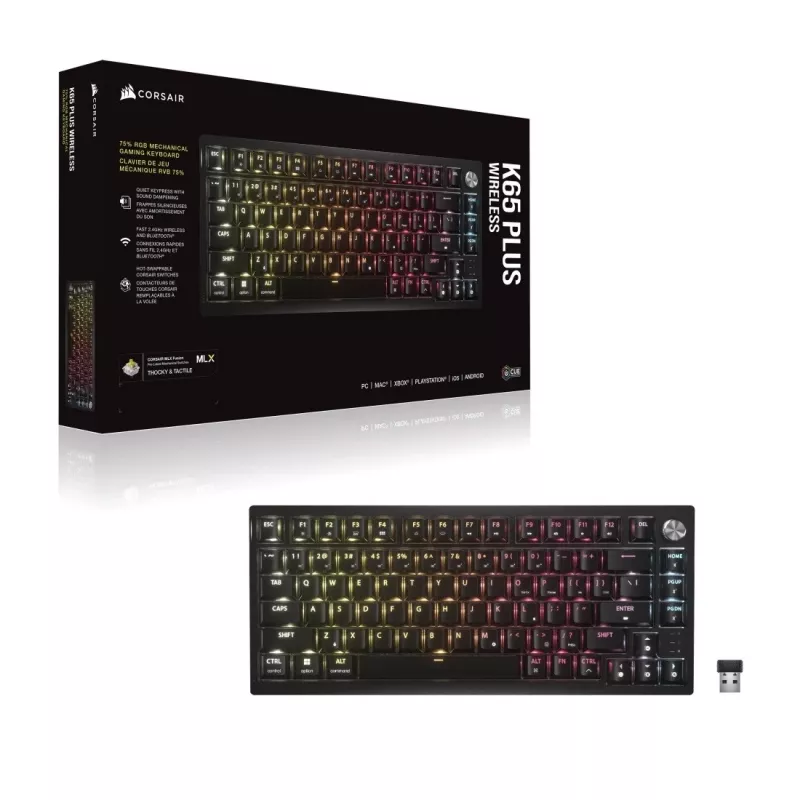 Teclado mecânico CORSAIR K65 PLUS Wireless 75% Hot-Swappable, interruptores MLX Red Tactile, RGB por tecla, QWERTY inglês, preto
