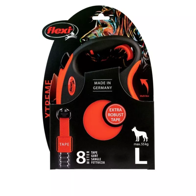 Trela retrátil para cão FLEXI XTREME L fita 8m - até 55kg laranja