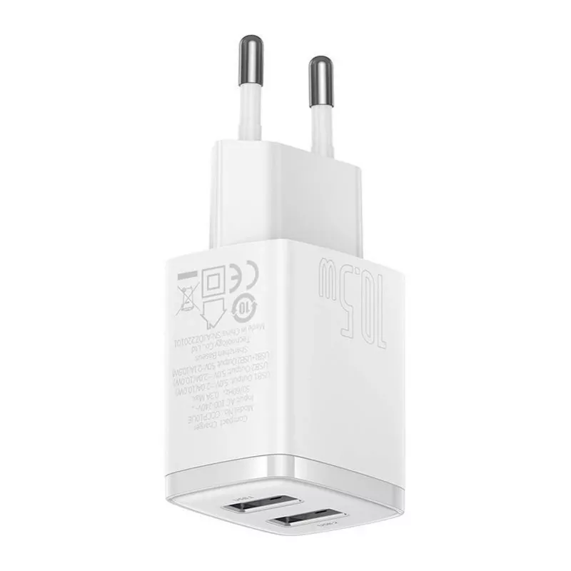 Carregador de parede universal compacto Baseus branco AC 10,5W 2 portas USB-A
