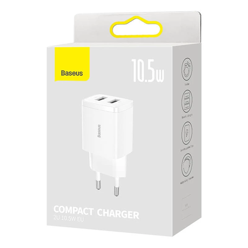 Carregador de parede universal compacto Baseus branco AC 10,5W 2 portas USB-A
