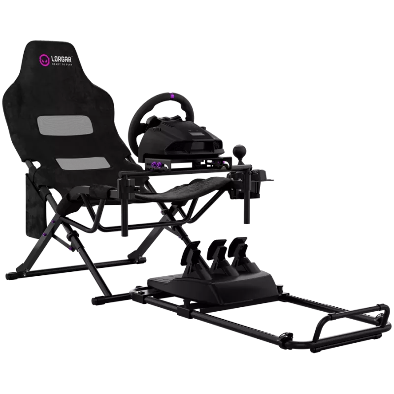 LORGAR FLEX RAF1 Sim Racing Cockpit Advanced, dobrável, 150x72x113 cm posição de jogo, 38x72x126 cm dobrado, preto