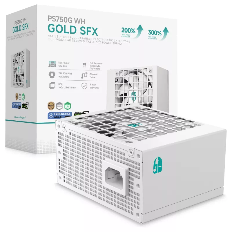 Fonte de alimentação DeepCool PS750G WH 750W ATX 3.1 totalmente modular 80 Plus Gold branca