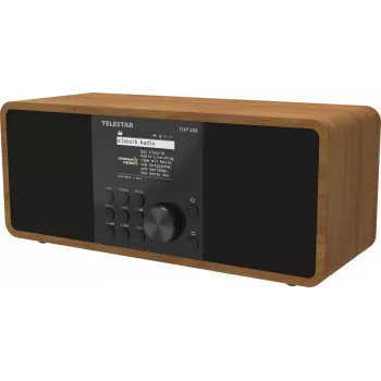 Rádio multifunções IMPERIAL Telestar TOP 25 em madeira com DAB+, FM, rádio por internet, leitor de CD, Bluetooth, Wi-Fi, USB, entrada AUX, 20 W RMS, ecrã TFT 2,8 polegadas, acabamento nogueira