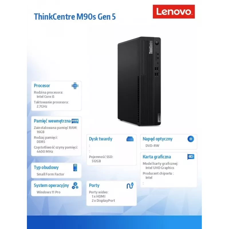 Lenovo ThinkCentre M90s Gen 5 PC de secretária SFF, Intel Core i5-14600, 16GB RAM, 512GB SSD, Intel UHD 770, DVD-RW, Wi-Fi, Bluetooth, Windows 11 Pro, preto, 3 anos no local + 1 ano Premier Support