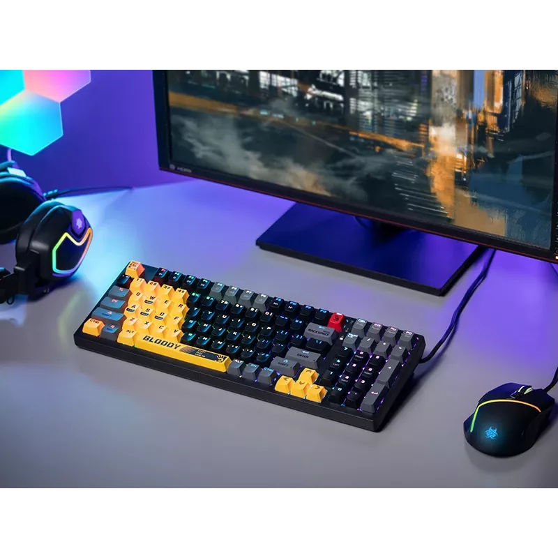 Teclado mecânico A4Tech Bloody S98 Sports Lime, switches BLMS Red Plus, 98 teclas compacto, retroiluminação RGB, USB-C removível