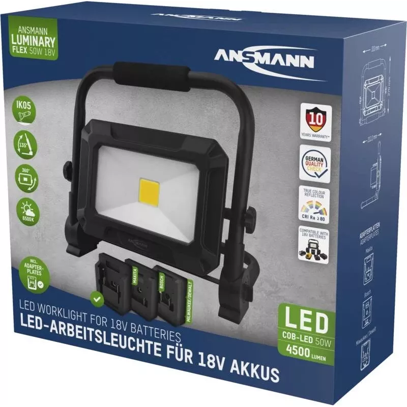Luminária de trabalho LED ANSMANN 1600-0713 FL50W 18V com packs de bateria e placas adaptadoras