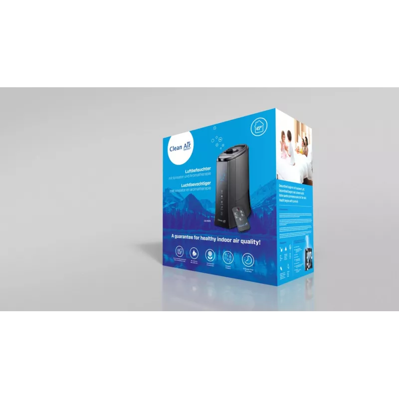 Clean Air Optima CA-603 humidificador ultrassónico com ionizador, 5 l, até 45 m², aromaterapia, higróstato, ecrã LCD, telecomando, preto