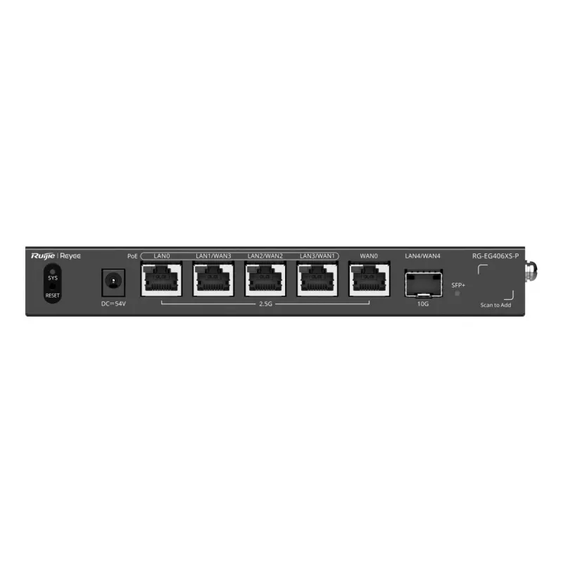 Ruijie Reyee RG-EG406XS-P router gateway cloud multi-WAN, 6x 2.5GE RJ45, 1x 10GE SFP+, 4 PoE, VPN, para rack