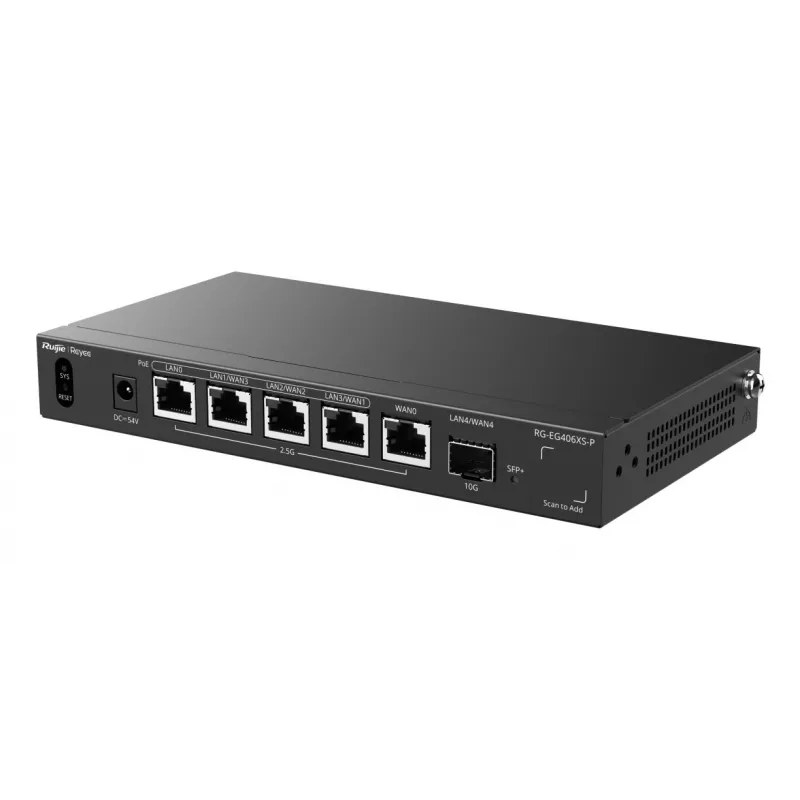 Ruijie Reyee RG-EG406XS-P router gateway cloud multi-WAN, 6x 2.5GE RJ45, 1x 10GE SFP+, 4 PoE, VPN, para rack