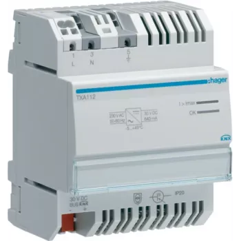 Hager TXA112 fonte de alimentação de barramento KNX 230V AC 30V DC 640mA cinzento