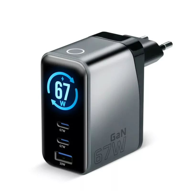 Carregador USB-C EVERACTIVE SC-670Q GaN 67W com 2x USB-C e 1x USB-A, Quick Charge 4+, PD 3.0, preto