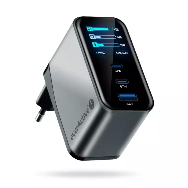 Carregador USB-C EVERACTIVE SC-670Q GaN 67W com 2x USB-C e 1x USB-A, Quick Charge 4+, PD 3.0, preto