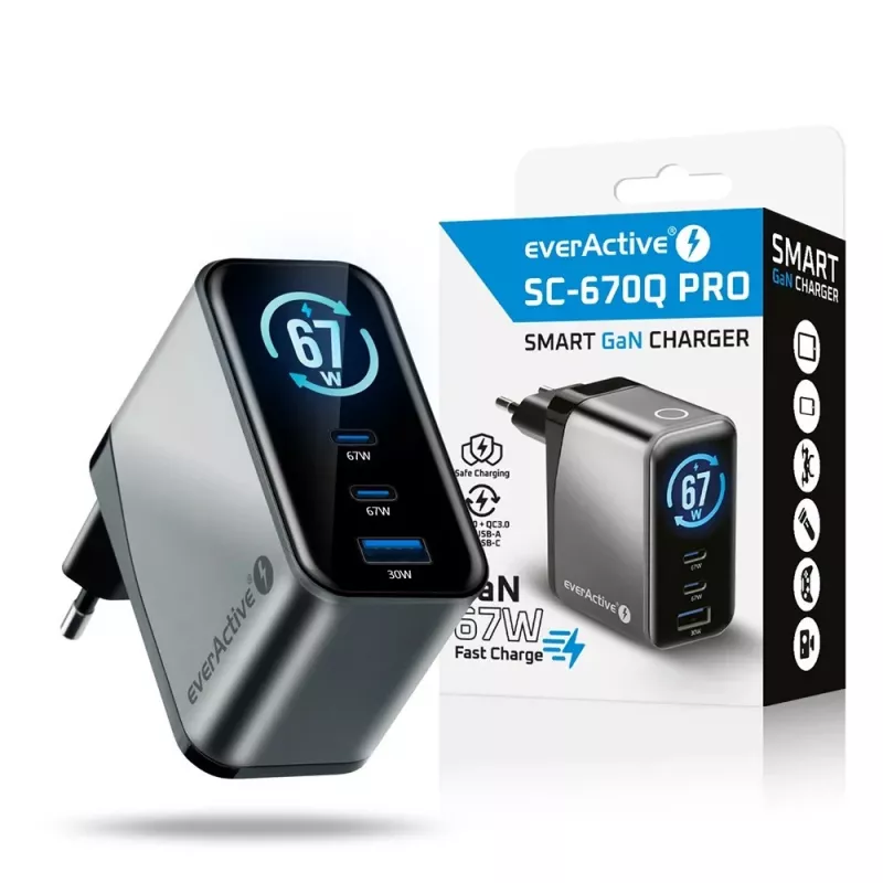 Carregador USB-C EVERACTIVE SC-670Q GaN 67W com 2x USB-C e 1x USB-A, Quick Charge 4+, PD 3.0, preto