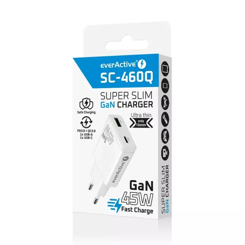 Carregador de parede USB-C EVERACTIVE GaN QC3.0 45W SC-460Q branco