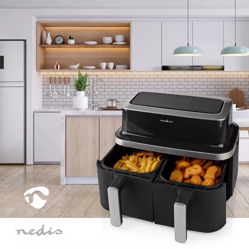 Nedis KAAF320BK fritadeira de ar quente de cesto duplo, 4,2 l, 80-200 °C, temporizador de 60 min, preta