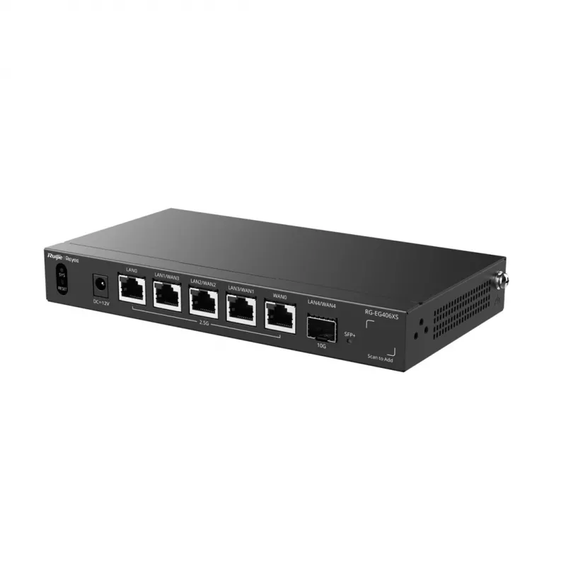Ruijie Reyee RG-EG406XS Gateway Cloud Multi-WAN, 6 Portas, 2.5GE WAN/LAN, 10G SFP+, VPN, Gestão Cloud, Montagem em Rack
