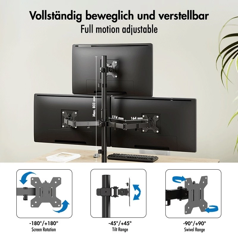 LOGILINK Suporte para Três Monitores para Ecrãs 17-27 Polegadas, 10 kg por Braço, Preto
