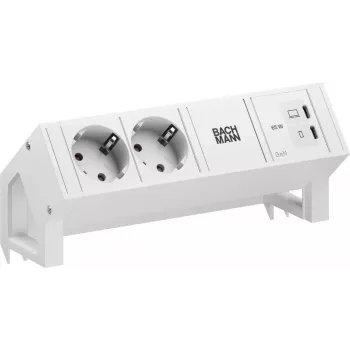 Bachmann DESK2 Pure White módulo de tomadas de secretária com 2 tomadas Schuko e USB-C PD de 65W, cabo de 0,2m, RAL 9010