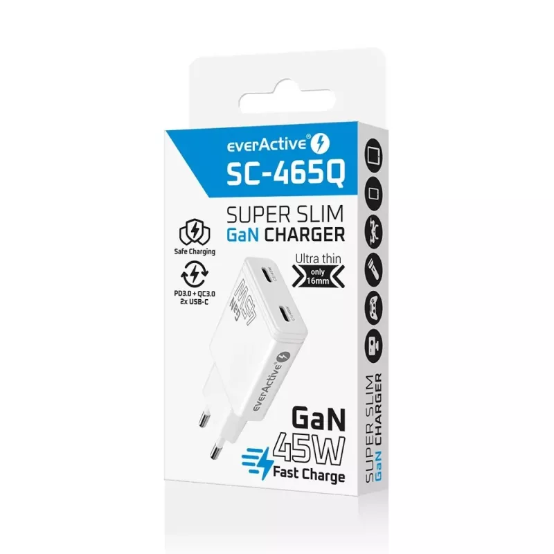 EVERACTIVE carregador GaN 45W USB-C QC3.0 SC-465Q branco