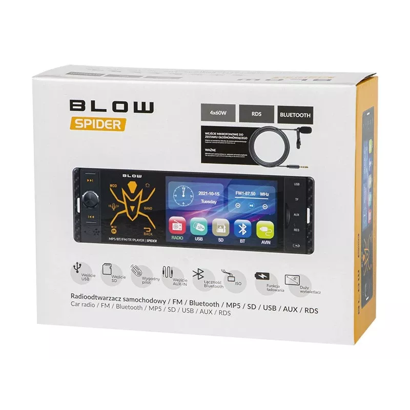 Autorrádio BLOW Spider 4CAL RDS RGB com Bluetooth, USB, SD, AUX, ecrã tátil, retroiluminação RGB, telecomando, 1 DIN, 4x45W