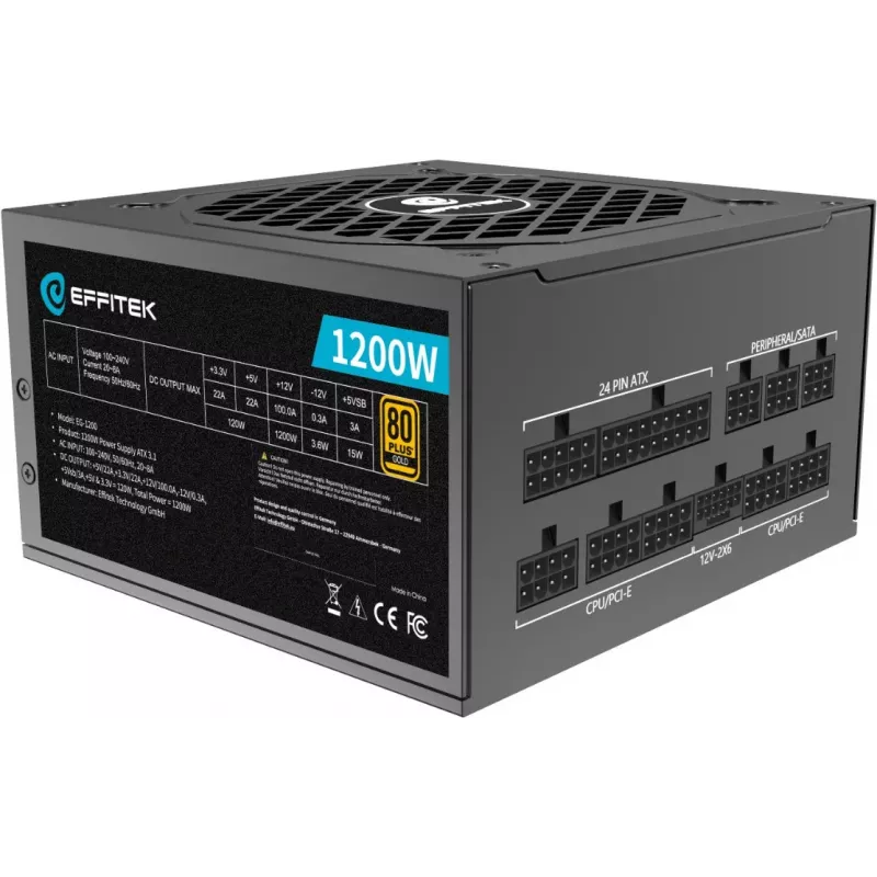 EFFITEK fonte de alimentação 1200W Gold ATX 3.1 PCIe 5.1 totalmente modular