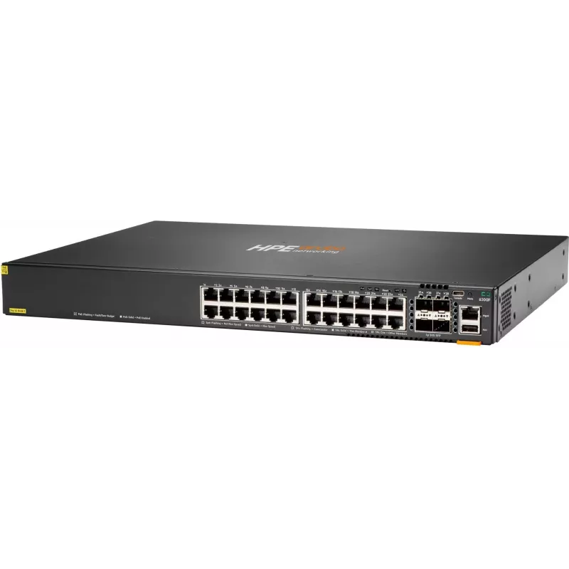 Comutador HPE Aruba 6300F L3 Gerido 24x 10/100/1000 PoE+ 4x 50GbE SFP56 Fluxo de ar frente para trás