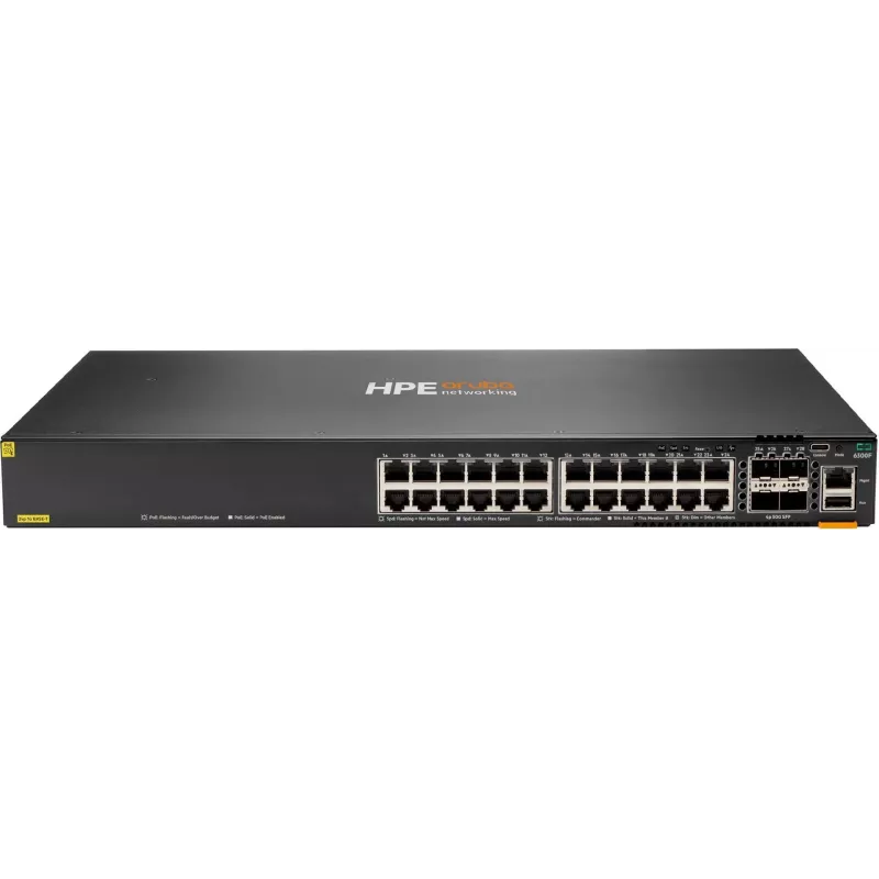 Comutador HPE Aruba 6300F L3 Gerido 24x 10/100/1000 PoE+ 4x 50GbE SFP56 Fluxo de ar frente para trás