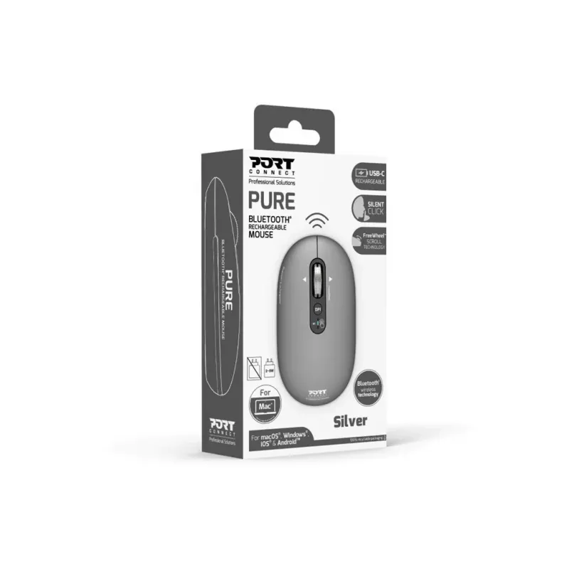 PORT Designs PORT Connect Professional PURE Rato sem fios recarregável - Ótico - 4 botões - 2,4 GHz, Bluetooth - Recetor USB - Preto