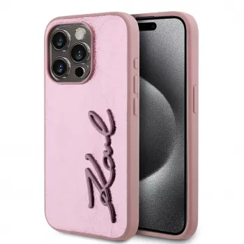 Karl Lagerfeld Capa Wrinkled Metal Signature para iPhone 15 Pro Max, rosa